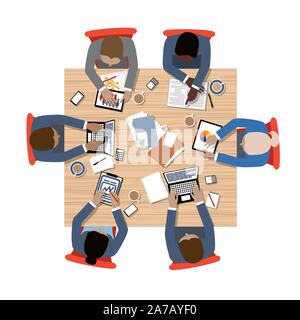 Réunion du conseil d'affaires avec la diversité et l'égalité au design plat table top view - vector regroupés et facile à éditer Illustration de Vecteur