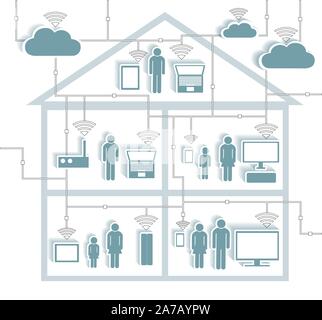 Connexion Internet sans fil - Cloud Computing concept découpe papier autocollants avec maison d'habitation en coupe - EPS10 regroupés et couches, mélanges contient Illustration de Vecteur