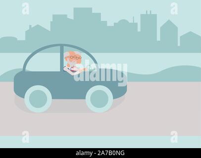 Couple de personnes âgées la conduite en voiture - Pièces de corps de caractères vectoriels regroupés et facile à éditer - palette limitée Illustration de Vecteur