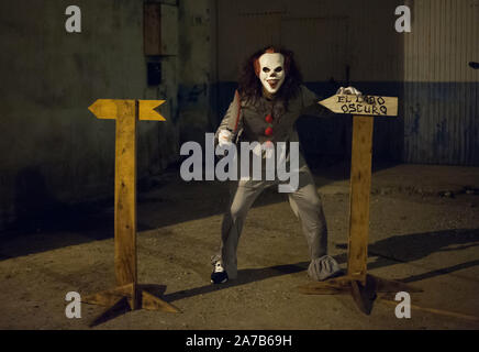 Malaga, Espagne. 31 octobre, 2019. Un homme habillé en clown diabolique pose pour une photo lors de la VI édition de ''"Churriana Noche del Terror'' (Nuit de l'Horreur "Churriana) pour célébrer l'Halloween dans le quartier de "Churriana.Les résidents de "Churriana participer à la journée d'Halloween habiller avec des costumes horribles, la décoration de leurs maisons et avec des spectacles effrayants le long des rues. La "Nuit de l'Horreur "Churriana" est l'une l'événement le plus populaire dans la ville de marque le jour d'Halloween, et pour cette occasion, le thème de l'édition est les sorcières. (Crédit Image : © Jésus Merida/SOPA Droit Banque D'Images