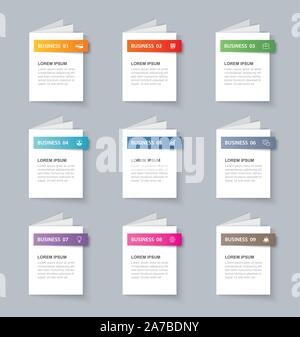 Livre d'infographies modèle avec des données 9. Peut être utilisé pour la mise en page de workflow, diagramme, nombre d'options, la conception web, présentations Illustration de Vecteur