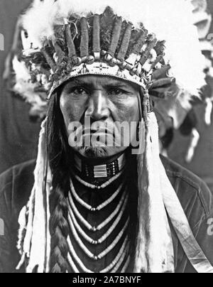 Edward S. Curtis indiens des États-Unis - Nez Percé l'homme en pleine plume coiffure, cheveux tressés, colliers et ca. 1910 Banque D'Images