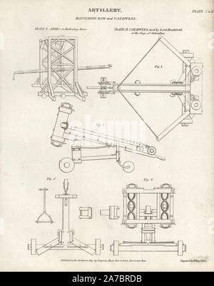 Artillerie : Bélier bélier ou en bois et d'une catapulte utilisée par Lord Heathfield lors du siège de Gibraltar. La gravure sur cuivre par Wilson Lowry d'Abraham Rees' Cyclopedia ou Dictionnaire Universel des Sciences, des arts et de la littérature, Longman, Hurst, Rees, Orme et Brown, Londres, 1820. Banque D'Images