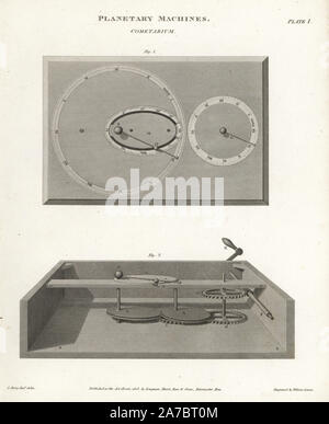 Cometarium, un dispositif mécanique conçu pour illustrer le mouvement d'une comète sur le Soleil. La gravure sur cuivre par Wilson Lowry D'après un dessin de J. Farey Jr. d'Abraham Rees' Cyclopedia ou Dictionnaire Universel des Sciences, des arts et de la littérature, Longman, Hurst, Rees, Orme et Brown, Londres, 1820. Banque D'Images