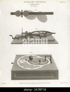 Cometarium par W. Jones, un dispositif mécanique conçu pour illustrer le mouvement d'une comète sur le Soleil. La gravure sur cuivre par Wilson Lowry D'après un dessin de J. Farey d'Abraham Rees' Cyclopedia ou Dictionnaire Universel des Sciences, des arts et de la littérature, Longman, Hurst, Rees, Orme et Brown, Londres, 1820. Banque D'Images