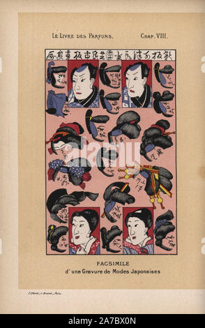 Fac-similé d'une gravure de mode japonais montrant des coiffures hommes (chonmage) et les femmes, la période Edo. À partir de l'Hair-Dressers' Journal, Nagasaki. Chromolithographie par Jules Cheret de Eugène Rimmel, Le Livre des parfums, Paris, 1870. Banque D'Images