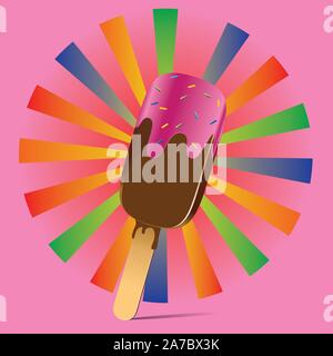 Glace au chocolat savoureux sur stick sur fond rose. Illustration de Vecteur