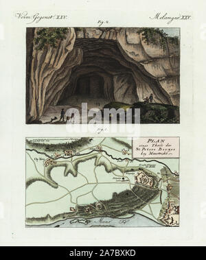 Carte géographique du Mont Saint Pierre, Maastricht, et l'entrée principale de la grotte. Coloriée à la gravure sur cuivre de Bertuch's 'Bilderbuch fur Kinder" (Livre d'images pour les enfants), Weimar, 1798. Johann Friedrich Bertuch (1747-1822) était un éditeur allemand et l'homme des arts le plus célèbre pour son encyclopédie 12 volumes pour les enfants illustrés de 1 200 plaques gravées sur l'histoire naturelle, de la science, le costume, la mythologie, etc., publiés à partir de 1790-1830. Banque D'Images