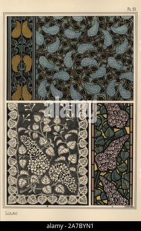 Lilas au fond d'art nouveau pour les patrons, de la dentelle et des vitraux. Lithographie de E. Hervegh avec pochoir (stencil) handcoloring de Eugène Grasset's "Plantes et leur application à l'Ornement," Paris, 1897. Eugène Grasset (1841-1917) était un artiste suisse dont les conceptions innovantes ont inspiré le mouvement "art nouveau" à la fin du 19ème siècle. Banque D'Images