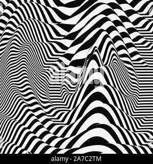 Fond d'onde. Effet visuel dynamique. Distorsion de la surface. Modèle avec illusion d'optique. Vector illustration à rayures. Onde sonore en noir et blanc Illustration de Vecteur