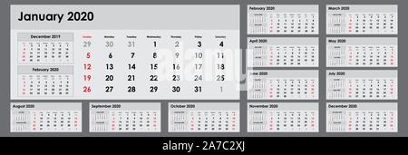 Calendrier classique pour 2020. De forme horizontale, oblongue. De début de la semaine à partir de dimanche. Trimestre sur le site. 12 cartes, des mois. Modèle clair et la mise en page. Illustration de Vecteur