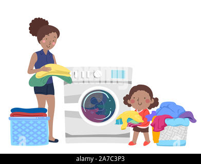 Illustration d'un enfant fille aider sa mère à faire la lessive avec des paniers remplis de vêtements et d'un lave-linge Banque D'Images