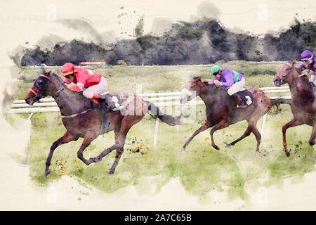 Course de chevaux et jockeys dans l'approche de la ligne d'arrivée. Illustration à l'aquarelle Banque D'Images