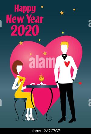 Une femme en robe orange et blanc chaussures, assis à une table, est en train de parler à son petit ami en costume noir et blanc pendant la fête du Nouvel An 2020 Illustration de Vecteur