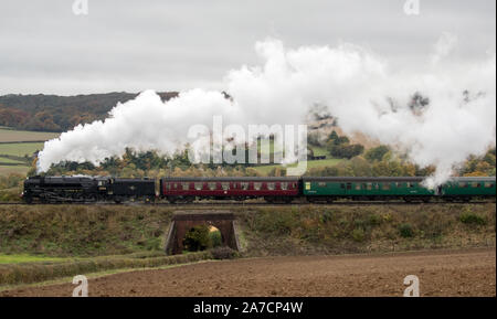 La British Railways Standard Class 9F locomotive à vapeur tire un train le long de la Hants railway, également connu sous le nom 'ligne' de cresson, près de Ropley dans le Hampshire. Banque D'Images