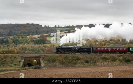 La British Railways Standard Class 9F locomotive à vapeur tire un train le long de la Hants railway, également connu sous le nom 'ligne' de cresson, près de Ropley dans le Hampshire. Banque D'Images