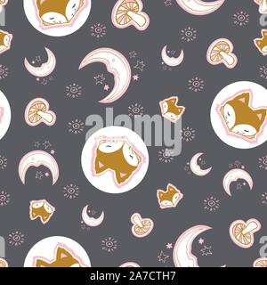 Cute fox modèle transparent, wolf hand drawn forêt automne arrière-plan avec champignons, folk art vector illustration Illustration de Vecteur