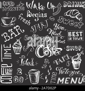 Service à café, lettrage dessiné à la main et signe sur fond noir , vector illustration Illustration de Vecteur