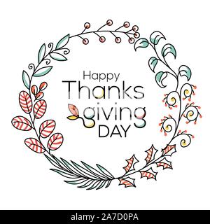 Hand drawn joyeux Thanksgiving typographie en automne wreath bannière. Texte célébration avec des baies et des feuilles de carte postale, l'icône ou d'un insigne. Vector Illustration de Vecteur