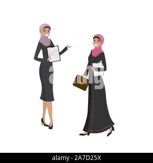 Deux femmes d'affaires arabes de beauté dans différentes poses,isolé sur fond blanc,cartoon vector illustration Illustration de Vecteur