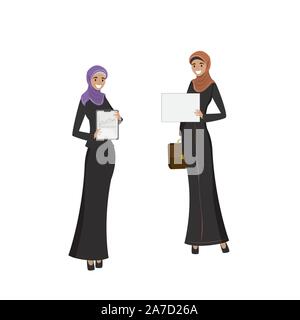 Deux femmes d'affaires arabes de beauté dans différentes poses,isolé sur fond blanc,cartoon vector illustration Illustration de Vecteur