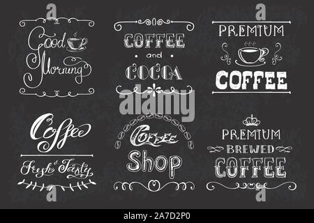 Définir des étiquettes ou des bannières de café à la main,design sur tableau noir,vector illustration Illustration de Vecteur