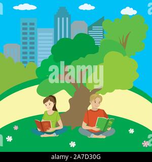 Les adolescents s'asseoir sur l'herbe dans le parc et les garçons et les filles,lire,cartoon vector illustration Illustration de Vecteur