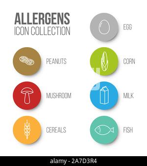 Vector icons set des allergènes (lait, poisson, oeuf, gluten, blé, l'écrou, lactose, maïs, champignons) - version couleur Illustration de Vecteur