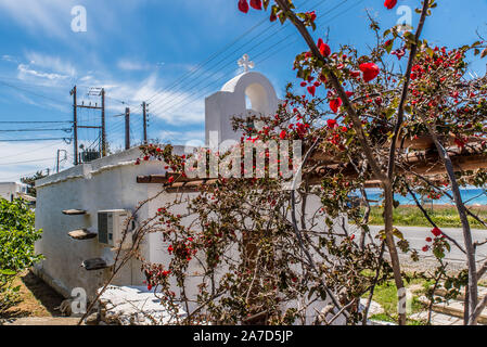 Une église traditionnelle à Andros avec un beau bougainvilliers violets dans la cour Banque D'Images