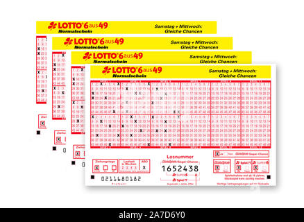 Lottoscheine, 6 aus 49, 6 Spielfelder ausgefuellt Dauerschein Abo,,, Lottoschein, Vier, Banque D'Images