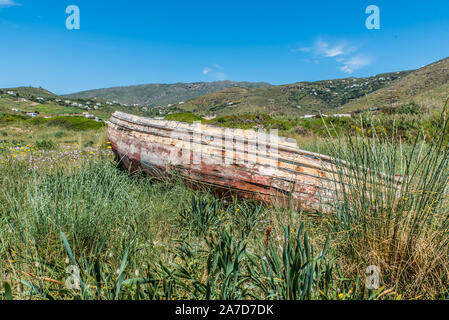 Un vieux bateau sur une plage avec beaucoup d'herbe à l'islnad de Andros, Grèce sur un début de printemps. Banque D'Images