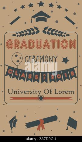 Cérémonie de remise des diplômes annonce. Classe de 2018. Style rétro. Style ancien sur fond de papier. Illustration de Vecteur