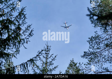 Nuremberg, Allemagne - 30 octobre 2019 : un avion de passagers vu d'en bas tout en volant dans un beau ciel bleu ensoleillé avec arbre d'automne au-dessus de Banque D'Images