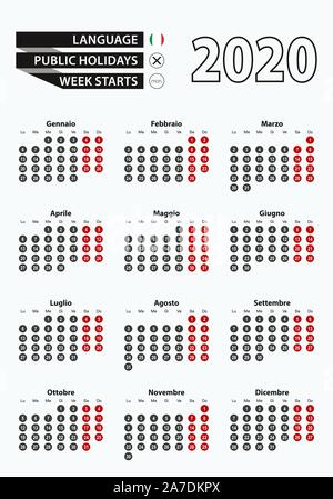 Calendrier 2020 modèle vectoriel avec le numéro en rond, simple calendrier italien pour l'année 2020. Vector illustration. Illustration de Vecteur