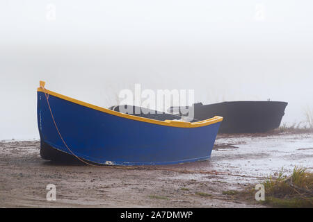 Petit bateau sur un jour brumeux durant la marée basse Banque D'Images