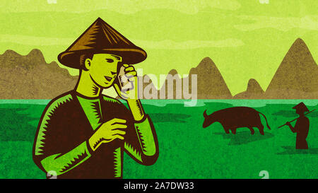 Illustration d'un style rétro ou vietnamiens South East Asian farmer portant un chapeau en conversation sur téléphone mobile ou téléphone cellulaire avec les rizières et les montagnes Banque D'Images