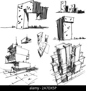 La main architectectural six dessins d'un abstrait architecture moderne Illustration de Vecteur
