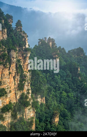 Vue verticale des piliers de pierre de monts Tianzi dans Zhangjiajie National Park qui est une célèbre attraction touristique, la province du Hunan, Wulingyuan Banque D'Images