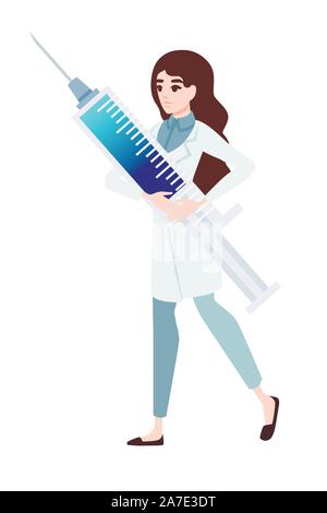 Femme médecin géant holding syringe cartoon character design télévision vector illustration isolé sur fond blanc. Illustration de Vecteur