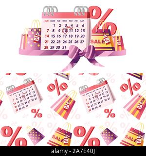 Tableau Calendrier avec date de vente des sacs à provisions et symbole de pourcentage vente jour tag télévision vector illustration sur fond blanc. Illustration de Vecteur