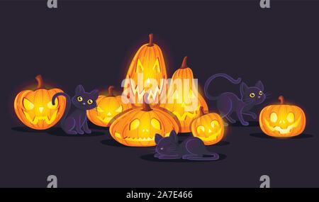 Citrouilles d'halloween avec black cats cartoon design animal citrouilles visages télévision vector illustration sur fond sombre. Illustration de Vecteur