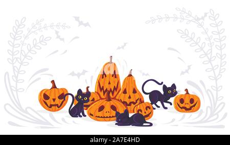 Citrouilles d'halloween avec black cats cartoon design animal citrouilles visages télévision vector illustration sur fond blanc. Illustration de Vecteur