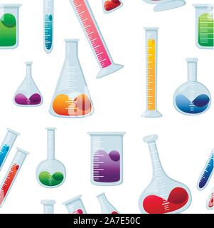 Motif de la chimie homogène laboratoire flacons de différentes tailles et formes et remplis de liquide télévision vector illustration sur fond blanc. Illustration de Vecteur