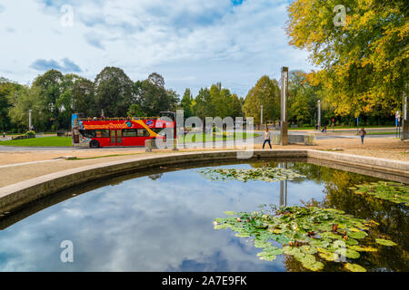 Bruxelles, Belgique / Octobre 03, 2019 : Water Lily fleurs et feuilles vertes et rouges bus touristiques de la ville en arrière-plan. Célèbre Hop-On Hop-O Banque D'Images