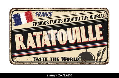 Les aliments célèbres dans le monde entier. La Ratatouille vintage métal rouillé signe sur un fond blanc, vector illustration Illustration de Vecteur