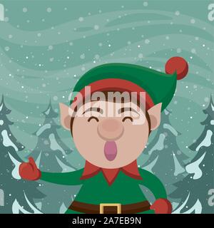 Scène snowscape Noël avec mignon personnage elf Illustration de Vecteur
