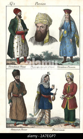 Costumes d'hommes et femmes à persan, haut et roturiers ci-dessous. Physionomie de l'homme un Persan en turban. Lithographie coloriée de Friedrich Wilhelm Goedsche Vollstaendige Völkergallerie « dans getreuen Abbildungen' (Galerie complète des peuples autochtones en vrai photos), Meissen, circa 1835-1840. Goedsche (1785-1863) était un écrivain allemand, libraire et éditeur à Meissen. La plupart des illustrations ont été adaptés à partir de Bertuch's 'Bilderbuch fur Kinder' et d'autres. Banque D'Images