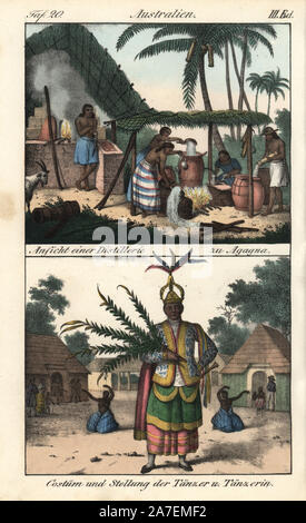 Natifs de Chamorro (Agagna Hagatna), Guam, la distillation de l'alcool, et les costumes et orientation de danseurs masculins et féminins. Lithographie coloriée de Friedrich Wilhelm Goedsche Vollstaendige Völkergallerie « dans getreuen Abbildungen' (Galerie complète des peuples autochtones en vrai photos), Meissen, circa 1835-1840. Goedsche (1785-1863) était un écrivain allemand, libraire et éditeur à Meissen. Illustration de l'Freycinet 'Voyage autour du monde," 1824. Banque D'Images