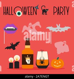 Halloween Party 2020 Vector illustration avec l'inscription Halloween party, verre, bouteille, spider, crâne, chauve-souris vampire, masque de bouche, fantômes, chapeau de sorcière, c Illustration de Vecteur