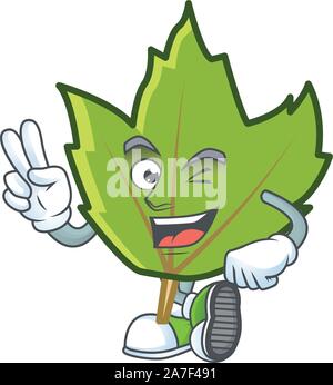 Les feuilles d'automne green cartoon mascot design deux doigt. Illustration de Vecteur